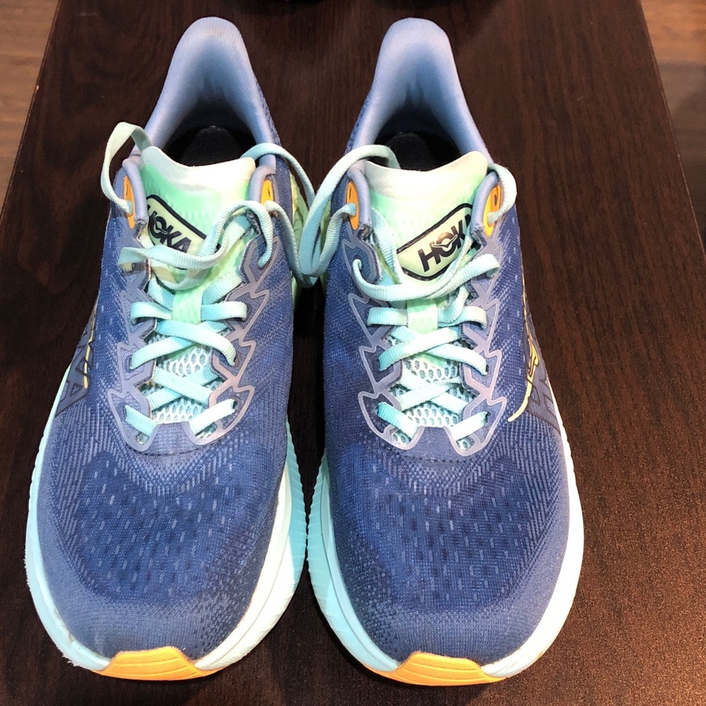 Hoka Blue with Teal and Orange Mach 6 Running Shoes, NO BOX preowned size 9.5 D